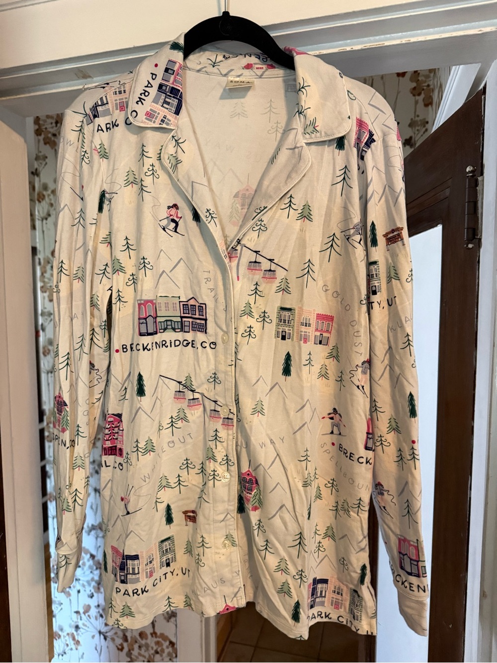 Soma Cream Pajama Top with Pink, Green & Blue Ski Town Print